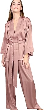 GHYUBYER Womens Sleepwear Set Super-Soft Short & Long Sleeve Top with Pants Satin Silky Pajama Set Soft Loungewear Color Pink, Size Small