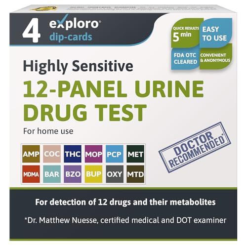 Exploro 12 Panel Urine Drug Test, Drug Test Kit for Multidrug Screen, Accurate 12 Panel Drug Test Urine for 12 Types of Drugs, Easy at Home Drug Tests, DOT Compliant, Peace of mind results (Pack of 4)