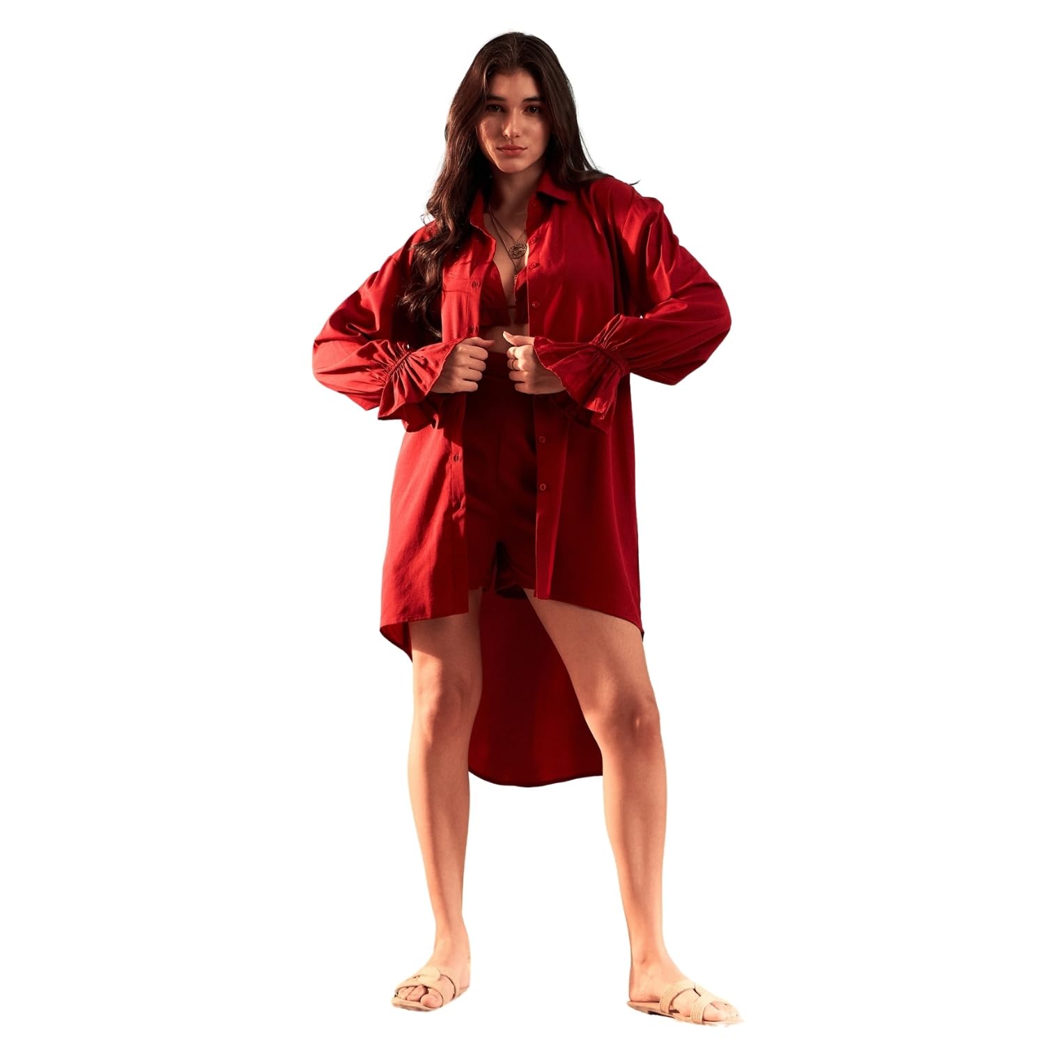 Women Solid Collar Neck Button-Up High-Low Hem Longline Shirt, Halter Neck Frill Trim Crop Top, & High-Rise Waist Mini Shorts Co-Ord Set