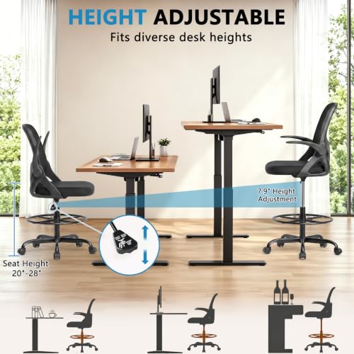 Image of Kensaker Drafting Chair Tall Office Chair, Ergonomic Standing Desk Chair with Adjustable Foot Ring and Flip-up Armrests, Mesh Computer Chair for Art Studio, 300 LBS, Black