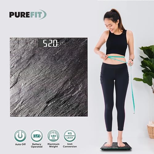 Purefit Digital Bathroom Scale For Measuring Body Weight - Marble Effect Ultra Slim, High Precision, Smart Scale With Led Display - Weighing Scale With Battery Included Lb/Kg/St Max Weight 180KG - 8