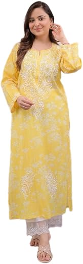 Vrinda Women Chikankari Embroidered Cotton Kurti | Mulmul Cotton Straight Kurta | Floral Lucknowi Work Ethnic Wear for Wom...
