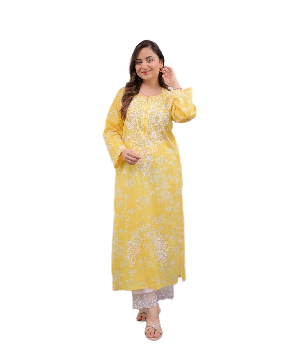Vrinda Women Chikankari Embroidered Cotton Kurti | Mulmul Cotton Straight Kurta | Floral Lucknowi Work Ethnic Wear for Wom...