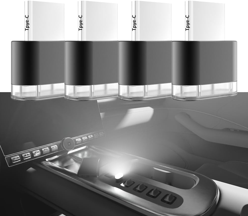 Type-C Adapters Atmosphere Light 4-Pack Universal Plug-in Miniature LED Night Light for Car Interior and Trunk Ambient Lighting Armchair lamp (White)