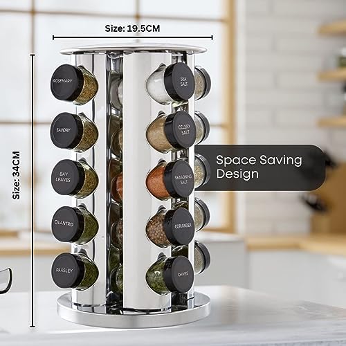 Rotating Spice Rack Organiser with 20 Spice Jars, Labels, and Funnel Included - Thick and Strong Spice Racks Free Standing Set Carousel Spice Storage Can Rotated 360ยฐ