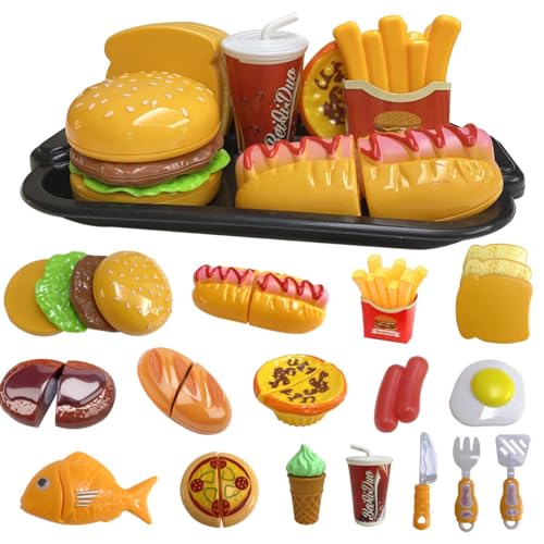 Giocattolo da Cucina per Bambini, Giocattolo da Taglio Rimovibile Fast Food Playset con Hamburger ＆ Combinazione di Patatine Fritte, Giocattolo di Ruolo per Ragazzi o Ragazze