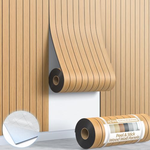 Peel and Stick Wood Slat Wall Panels, 3D PVC Faux Teak Wood Grain Wallpaper