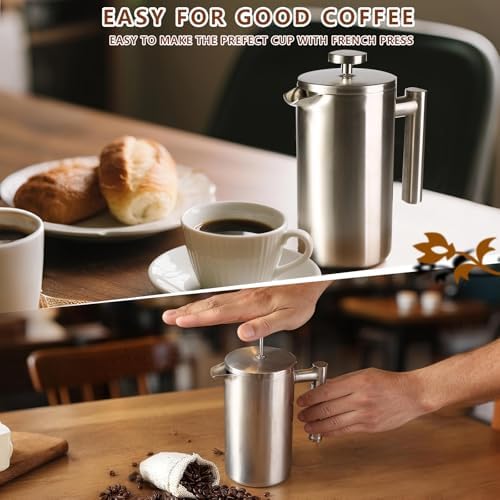 French Press 34 oz, Full Stainless Steel French Press Coffee Maker 4 Cups - 2
