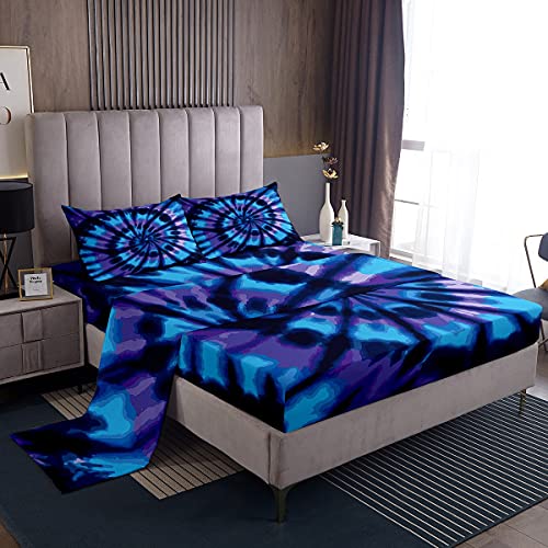 Feelyou Tie Dye Bed Sheets Boho Psychedelic Sheet Set Blue Bohemian Gypsy Fitted Sheet 4 Piece Bedding Includes 1 Bed Sheet, 1 Flat Sheet, 2 Pillowcases (Queen) #TOP5