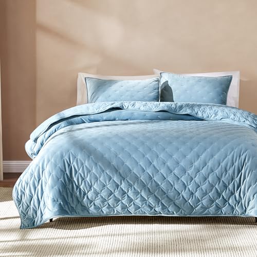Image of Lush Decor - Quilt Set, 3-Piece Cozy Velvet Bedding with Matching Shams, Embroidered Stitch Design (Haven Blue, Full /Queen)