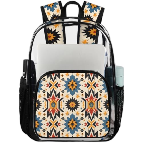 Geometric Floral Vintage Clear Backpack Stadium Approved PVC Backpacks for Adults Heavy Duty Clear Bag for Work Security Travel College