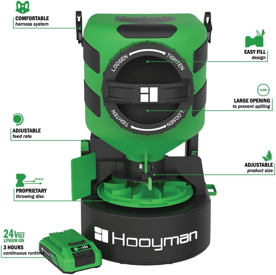 Hooyman Lithium-Ion Chest Spreader with Harness System, Adjustable Feed Rate, 24V, 35LB Capacity, for Seeding, Land Management, and Lawncare