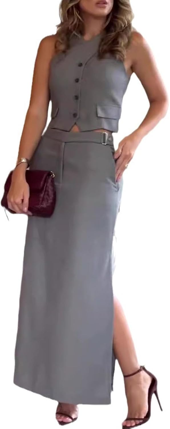 Women Two Piece Outfits Suits Summer Button Blazer Vest and High Waisted Slit Skirt Solid Color Work Matching Sets