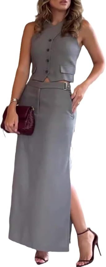 Women Two Piece Outfits Suits Summer Button Blazer Vest and High Waisted Slit Skirt Solid Color Work Matching Sets