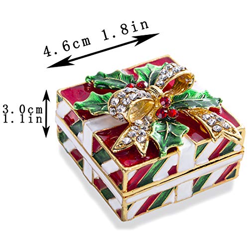 Yu Feng Christmas Trinket Box With Bowknot Green Leaves Decoration Rhinestones Jeweled Painted Enameled Hinged Jewelry Ring Holder Boxes Collection #TOP1