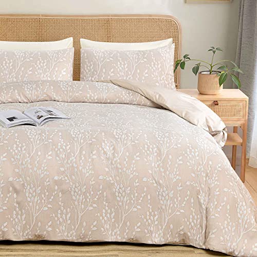 Nanko Beige Queen Size Duvet Cover Set, Luxury Luxurious Tufted Tree Branch Floral Pattern Microfiber Down Comforter Quilt Bedding Cover With Zipper Ties - Farmhouse For Men And Women, 3Pc 88X90 Tan #TOP19
