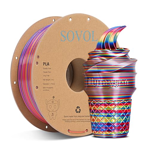 Sovol Silk PLA Filament Rotated Tri Color Co-Extrusion 1.75mm 1kg(2.2lbs) Fast Change 3D Printer Filament, Matte Red Gold Blue 3 in 1 Coextrusion PLA Material +/-0.03mm