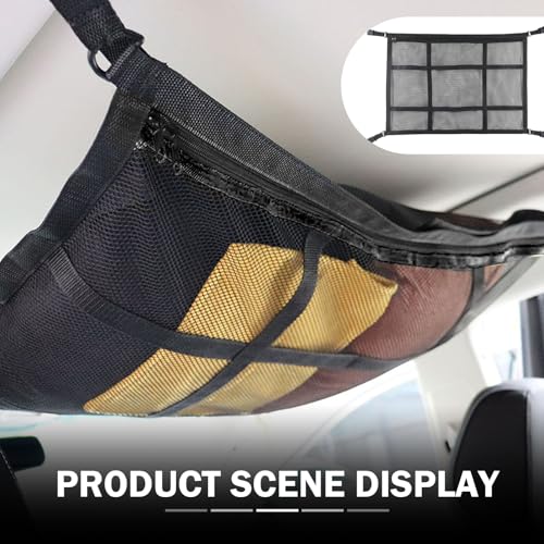 Qurbuns Upgrade Car Ceiling Cargo Net Pocket, 31.5\" x 20.87\" Strong Load Car Roof Storage Organizer, Double-Layer Mesh Camping Overlanding Gear Must Haves Cargo Net, Universal Road Trip Accessories - Thumbnail 3