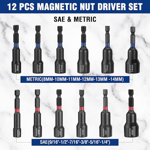 Image of WORKPRO 12-Piece Magnetic Nut Driver Set, Premium Impact Power Hex Nut Driver Drill Bit Master Kit, SAE (1 /4 inch to 9 /16 inch) and Metric (6-14mm), 1 /4 inch Hex Shank and Quick-Change, Cr-V Steel