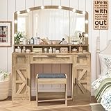 usikey Farmhouse Vanity Desk with Large Lighted Mirror and 10 Lights, 43.3' Glass Tabletop Makeup Vanity with 3 Drawers, Large Vanity Tabel Set with Long Storage Shelf, 2 Cabinets and Stool, Maple