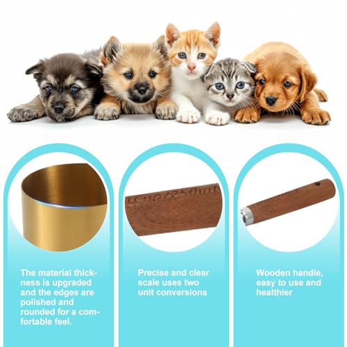 PEUTIER 4 Stück Messbecher für Hundefutter, 4 Größen und Kapazität Messbecher für Tiernahrung mit Holzgriff Messbecher aus Edelstahl Spülmaschinenfest Futterschaufel für Hundefutter (Gold)