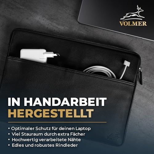 Fa.Volmer ® Etui na laptopa 13,3/15,6 cala ze szlachetnej skóry – brązowe/czarne – z metalowym zamkiem błyskawicznym – wyściełane – do MacBook, Microsoft Surface i wielu innych, czarny, Laptop 13.3