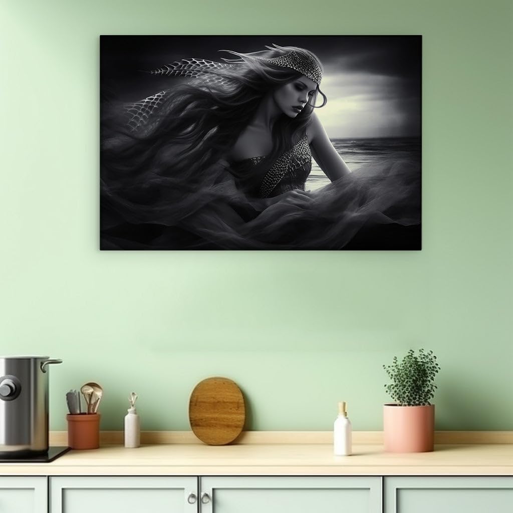 Canvas for Living room. Mystique of the Sea: The Elegance of a Monochrome Mermaid Enigma, 27 x 18 inch Canvas Wall Art - Ready to Hang