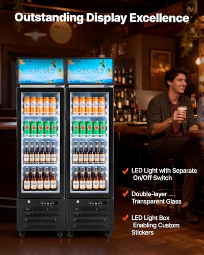 Image of VEVOR Commercial Merchandiser Refrigerator, 6.1 Cu.Ft / 173 L Glass Door Display Refrigerator, Upright Beverage Cooler with Customizable Lightbox, 3 Adjustable Shelves & Soft LED Light for Homes Shops