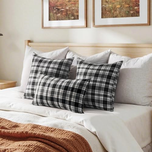 MIULEE Fall Set of 2 Scottish Tartan Plaid Throw Pillow Covers Farmhouse Classic Decorative Outdoor Square Cushion Cases for Halloween Thanksgiving Decor Sofa Couch 16x16 Inch, Black and White