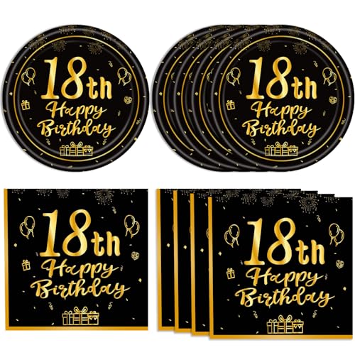40Pcs 18th Birthday Decorations for Boys Girls Happy 18th Birthday Black Gold Birthday Plates Napkins Dinnerware for Her Him 18 Years Old Birthday Party Favor