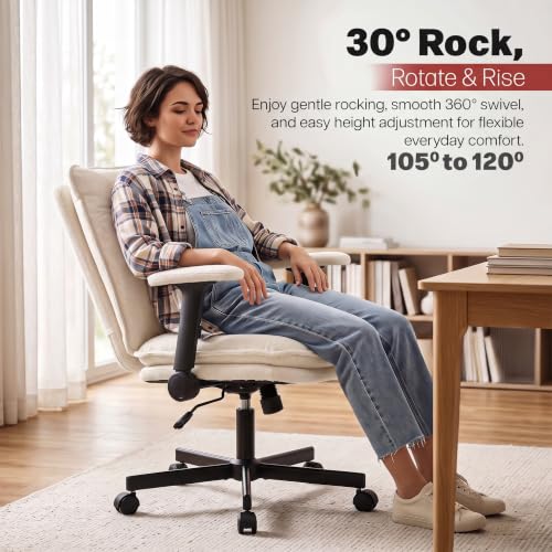 Image of DROGO Zen Pro Criss Cross Legged Office Chair for Work from Home with Flip-Up Armrest & Wide Thick Cushion Seat | Computer Study Chair with Adjustable Height, Recline & Heavy Duty Metal Base (Beige)