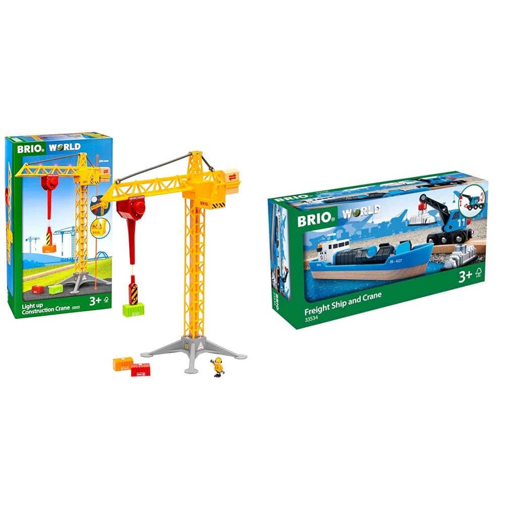 BRIO World 33835 Großer Baukran mit Licht - Zubehör für die BRIO Holzeisenbahn - Empfohlen für Kinder ab 3 Jahren & 33534 - Containerschiff mit Kranwagen