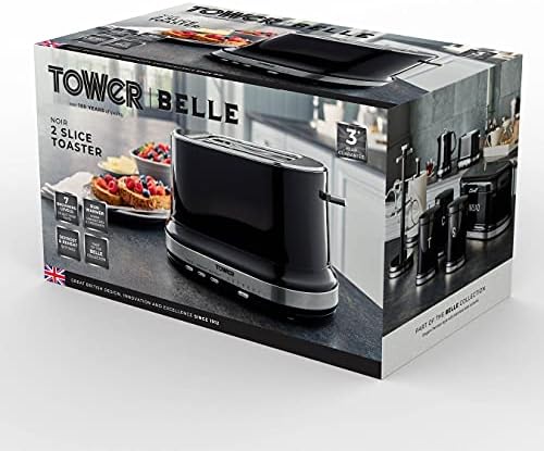 Tower T20043NOR Belle 2-Slice Toaster with 7 Browning Settings, Defrost/Reheat/Cancel, 800 W, Black/Noir