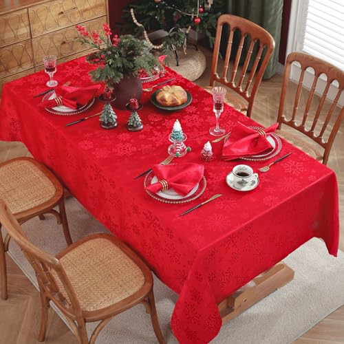 Honellaty Christmas Red Tablecloth Rectangle, Jacquard Spill Proof Table Cloth with Snowflake Patterns, Damask Table Cover Rectangular for Indoor & Outdoor, 60" x 102" Inch Red by Honellaty - Image 2