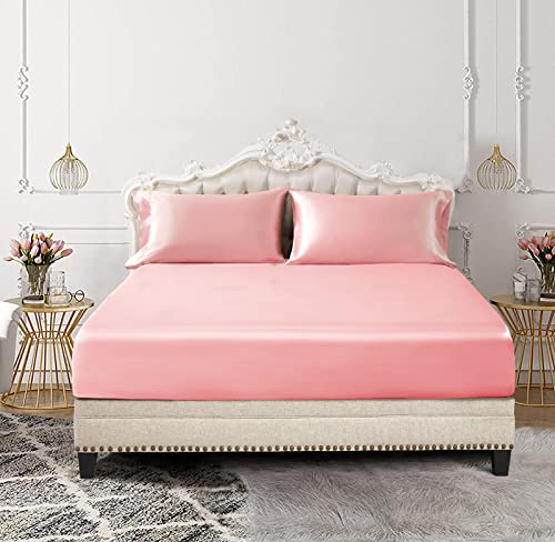 Image of SiinvdaBZX 3-Piece Set Satin Queen Fitted Sheet & 2 Pillowcase, Blush Pink Silky Soft Fitted Bottom Sheet, Wrinkle Free, Fade Resistant, Deep Pocket Bed Sheet (Deep Up to 15 inch)