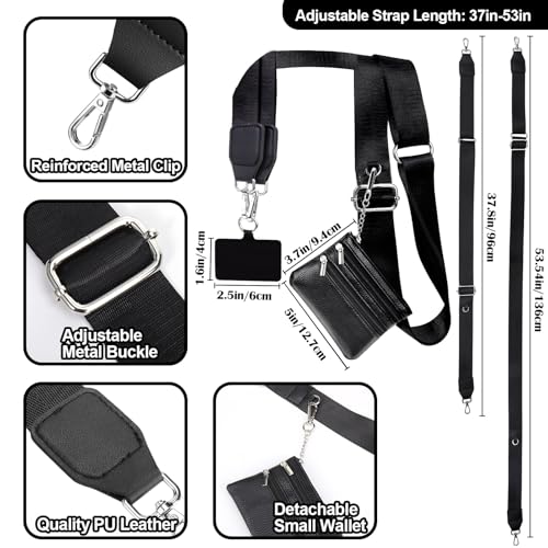 Image of XANGNIER Clip and Go Strap for Phone with Wallet Crossbody, Phone Strap with Zippered Wallet, Adjustable Anti Theft Cellphone Lanyard for Women, Cellphone Chain Accessories, Black