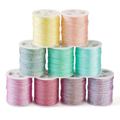 Elecrelive Lot de 9 rouleaux de fil tressé multicolore métallique de 0,6 mm en polyester 9 plis pour décoration de Noël pour couture, emballage cadeau, fabrication de bijoux