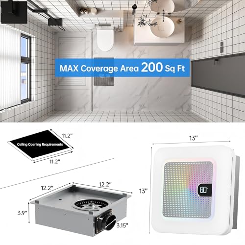 Image of Bathroom Exhaust Fan with Bluetooth Speaker, 230 CFM 1 Sone Exhaust fan with light. 7 RGB 3 Dynamic Light & 3 Color Temperatures (3000-4500-6500K)