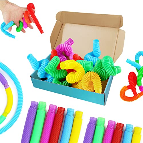 Mini Pop Tubes Fidget Toy,24 Pack Sensory Tubes Poppin Pipes for Kids Stress Relief Stretch Bend Build and Connect Toy,Fidget Toys for Sensory Learning Toys Colorful Pop Tubes Bulk