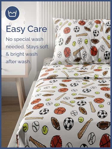 Image of Kids King Size Sports Bed Sheets - 4 Piece Kids Sports Sheet Set | Sports Themed Bedding, Ultra-Soft, Cute & Cozy, Breathable & Machine Washable, Kids Bed Set for Boys, Girls, Teens & Toddlers