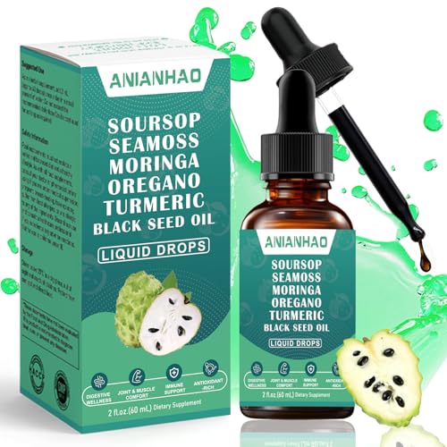 Soursop for Immune Support Gut Health Soursop Bitters Liquid Drops with Sea Moss Moringa Turmeric Black Seed Oil Oregano Ashwagandha | Herbal Extracts for Overall Health-Enhancing 60ml