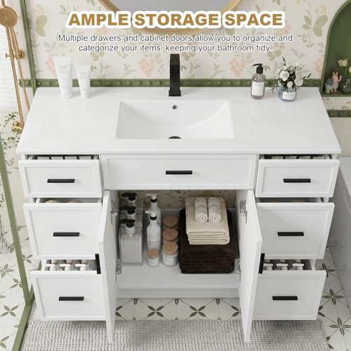 Image of 48 Inch Bathroom Vanity with Sink, Modern Farmhouse Bathroom Vanity Cabinet, Freestanding Bathroom Vanity with 2 Soft Closing Doors & 6 Drawers, Bathroom Sink Storage Cabinet, White(48 inch)