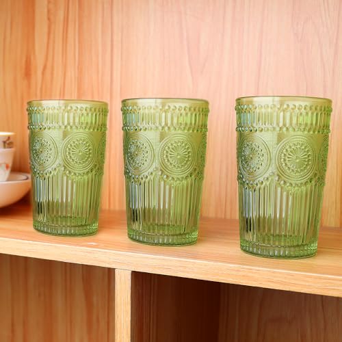 Loivttvv Zestaw 6 szklanek do picia w stylu vintage, 370 ml, zielone szklanki typu highball, wytłaczane, prążkowane, szklane kubki na koktajl, wodę, sok, kawę, whisky