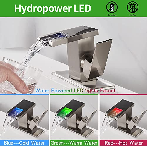 Skybathjoy Led Bathroom Sink Faucet Waterfall With Drian Assembly 1 Hole Brushed Nickel Single Hole Handle Rv Bath Vanity Faucets For Sinks 1 Hole Water Supply Lines, Stainless Steel Spout #TOP1