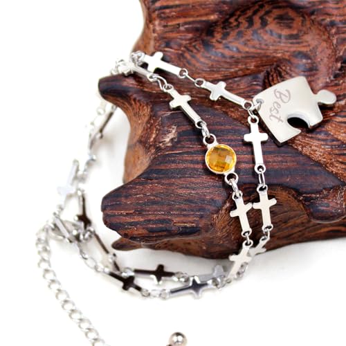 Image of Best Friend Forever Puzzle Heart Bracelet Set with Birthstone - Stainless Steel BFF Friendship Forever Matching Heart Cross Link Bracelet for Family Love Friendship Jewelry Gift Sets