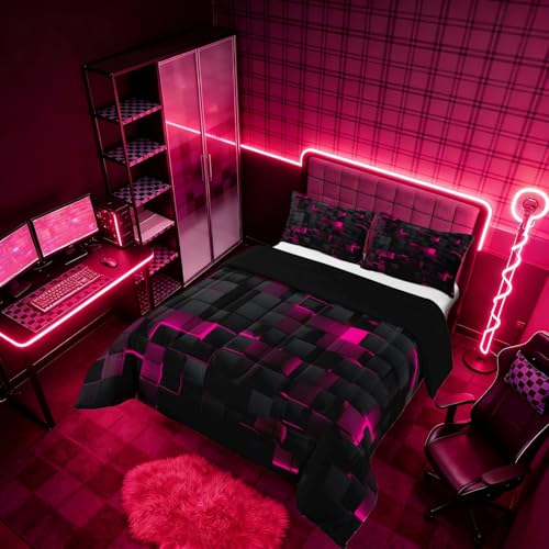 Image of Erosebridal Black Hot Pink Comforter Set Full Neon Geometric Checkered Bedding Set for Girls Teen Women Abstract Stereoscopic Grids Quilt Square Plaid Bed Set 3 Pcs Gamer Room Decor