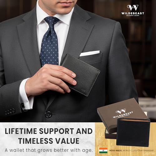 Image of Wildebeast Full-Grain Black European Leather Wallet for Men - RFID Blocking Slim Bifold with ID Window, Card Slots & Coin Pocket, Eco-Tanned Leather, Stylish Gents Purse, Gift for Men - The Frontier