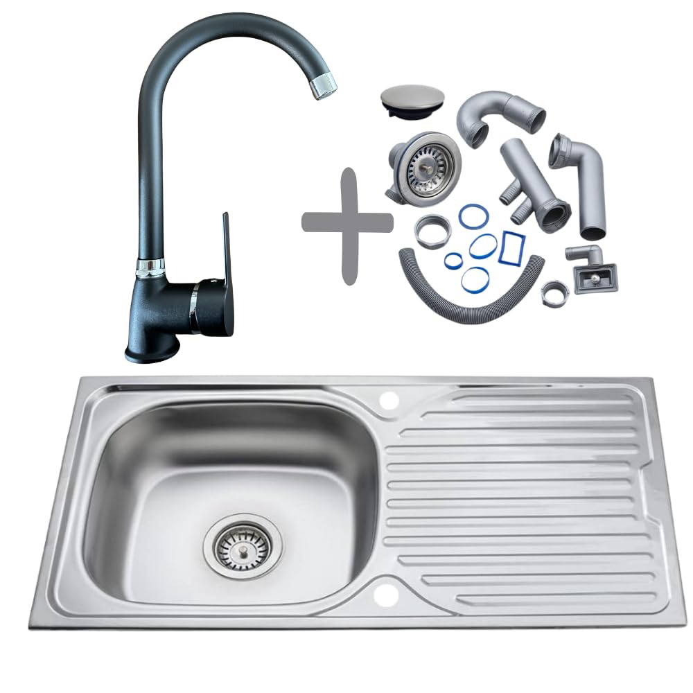 Edelstahl Küchenspüle 86x43,5 cm mit Küchenarmatur – Einbauspüle 1 Becken mit Abtropffläche – Spülbecken Edelstahl 304 rostfrei inkl. Siphon & Chrom-Armatur – Komplettset