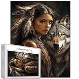 Puzzle de 1 000 pièces pour adultes   Fille indienne et loup gris   Puzzle coloré à faire soi même pour la décoration de la maison, cadeaux, puzzle familial parfait pour les soirées de jeu, 50 x 70 cm