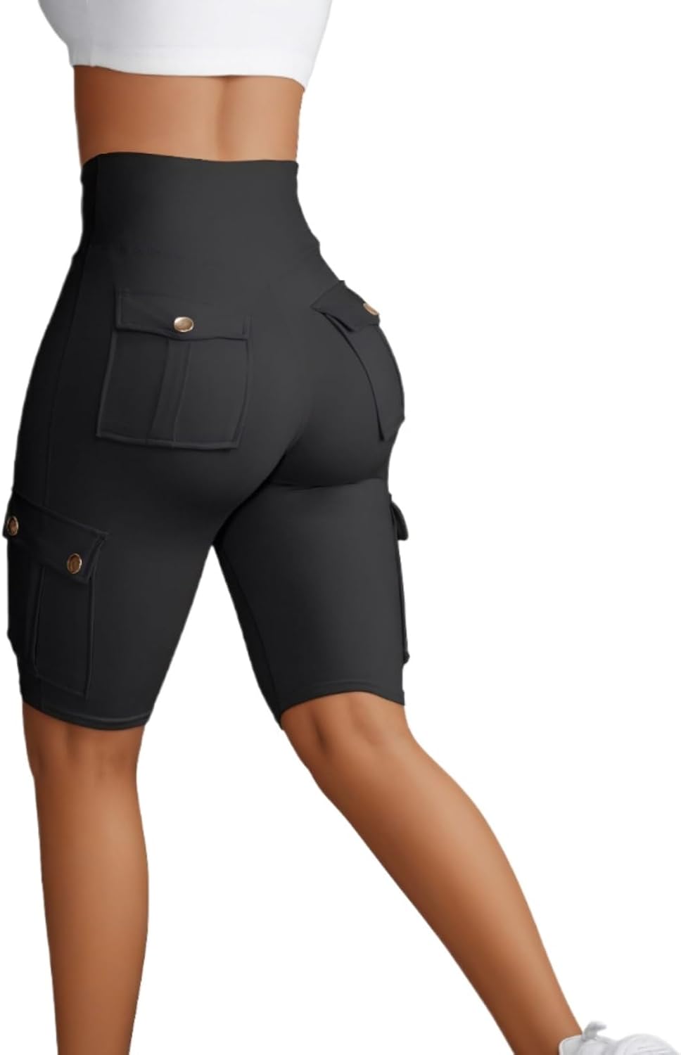 Sumleno Women Tummy Control Butt Lifting Shorts Knee Length High Waist Flap Pocket Workout Bermuda Cargo Running Shorts
